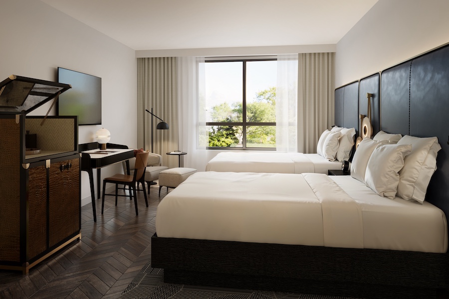 the vanguard hotel Marriott Bonvoy’s Autograph Collection ann arbor michigan university inspired design minimalist guestroom double queen beds