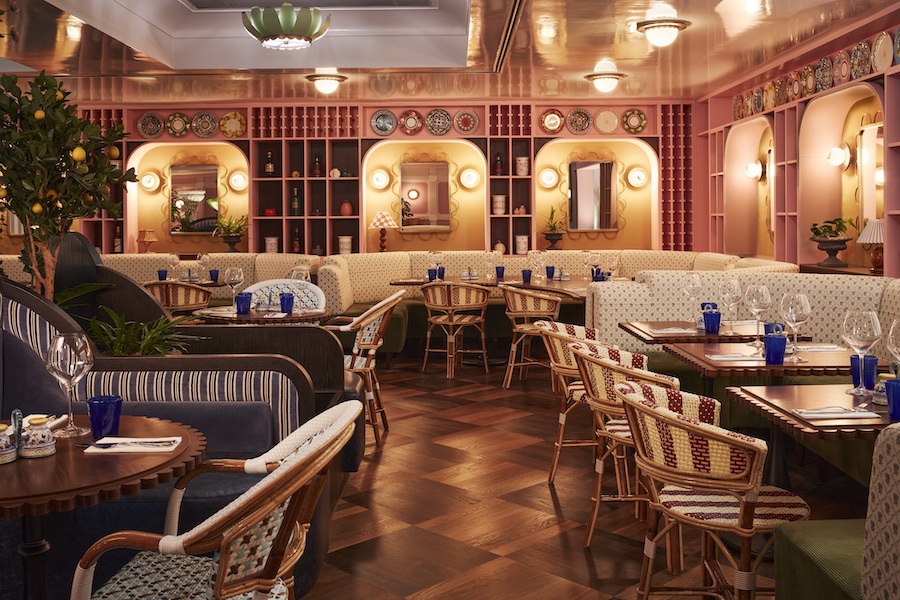 The Hoxton Edinburgh Patatino restaurant french bistro chairs pink shelving indoor tree